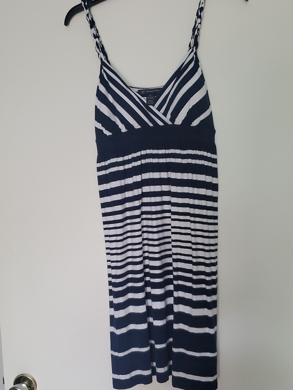 INC International Concepts Navy White Metallic-Trim Striped Wrap Dress